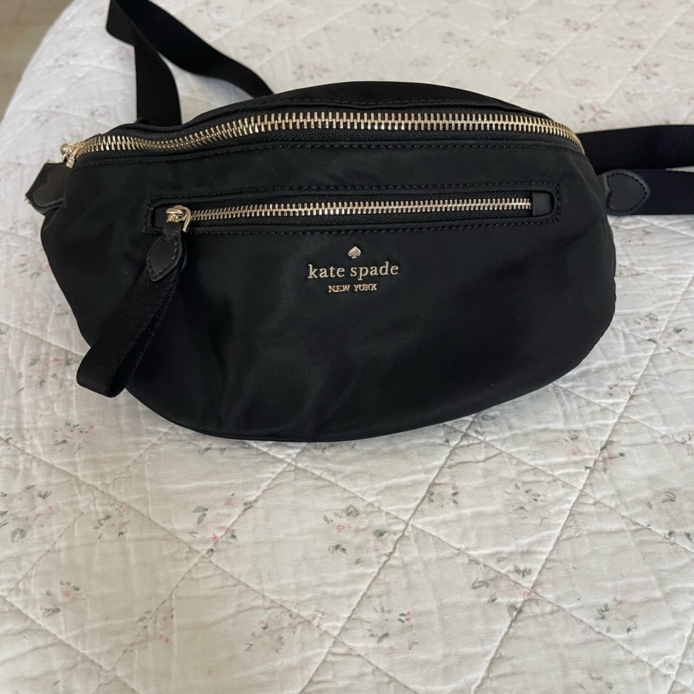USED KATE SPADE NYLON CHELSEA BETTER BLACK BELT BAG FANNY LEATHER TRIM $249 - Picture 4 of 7
